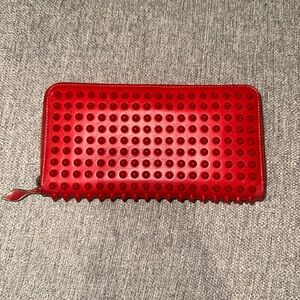 Christian Louboutin Panettone Red Leather Spike Zip Around Wallet